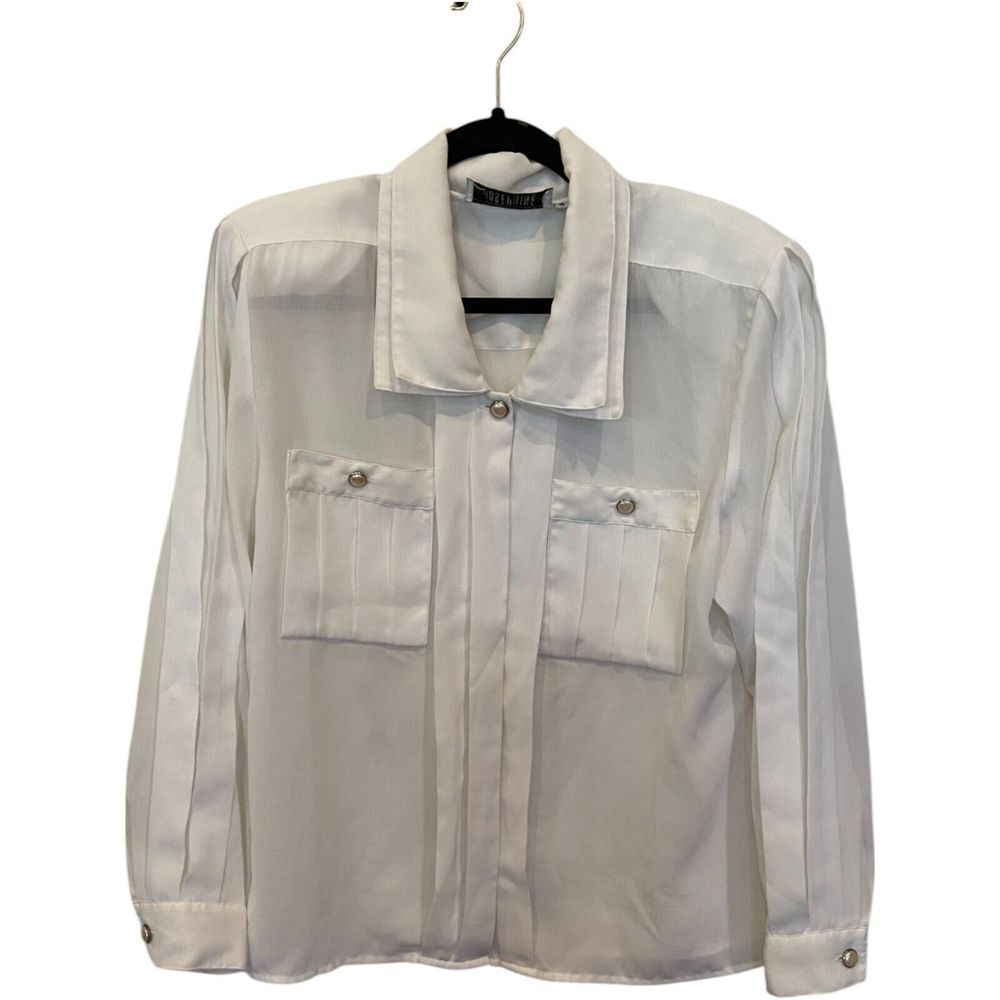 Josephine Sheer Blouse White Womens Size 10‎ Long Sleeve Collared Chest Pockets